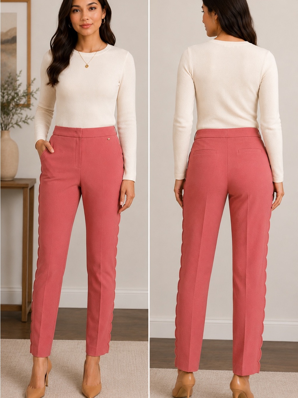 ESCADA Pink Virgin Wool Crepe Scalloped Trim Zip Fly Dress Pants Size 32